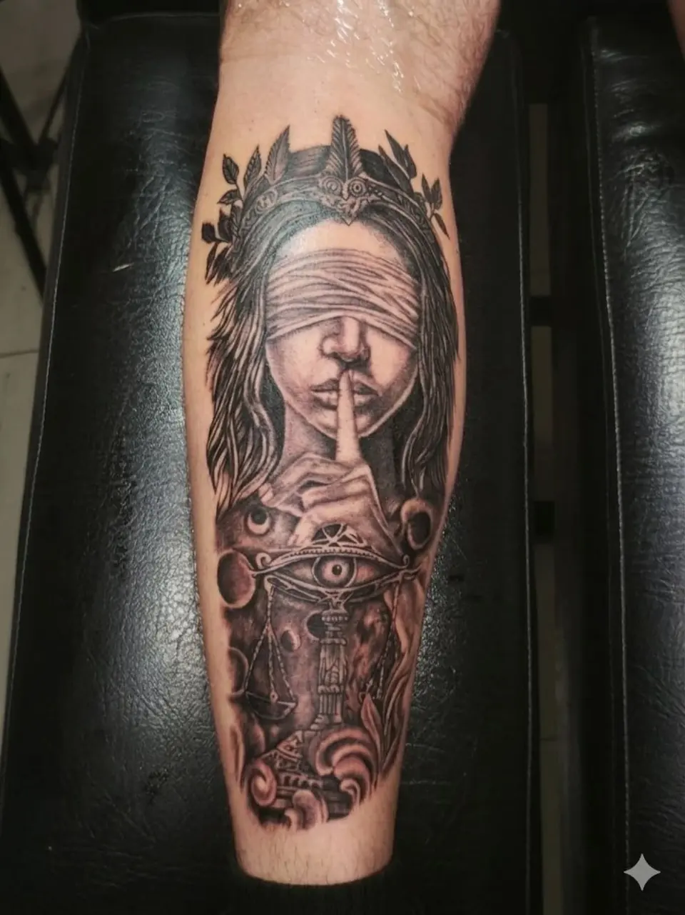 Tatuaje en realismo de una mujer con los ojos vendados en la pantorrilla, por Kewyn Romero