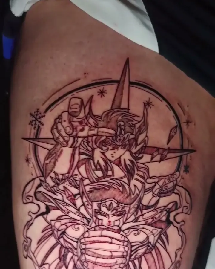 Tatuaje anime de Hyoga de Cisne, de Saint Seiya, en el muslo