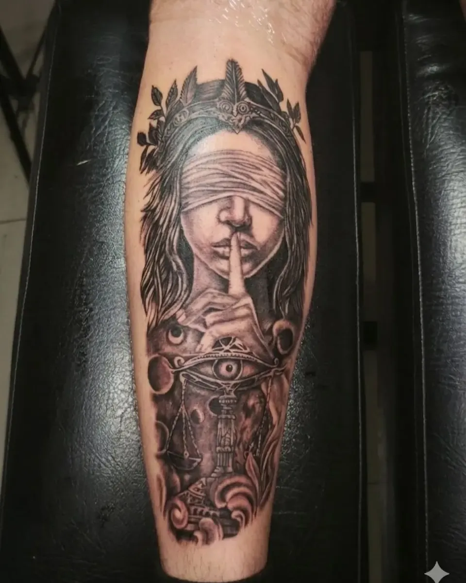 Tatuaje en realismo de una mujer con los ojos vendados en la pantorrilla