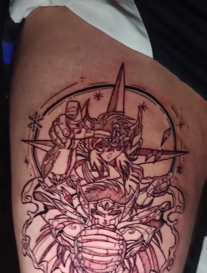 Tatuaje anime de Hyoga de Cisne, de Saint Seiya, en el muslo, por Victor Hugo