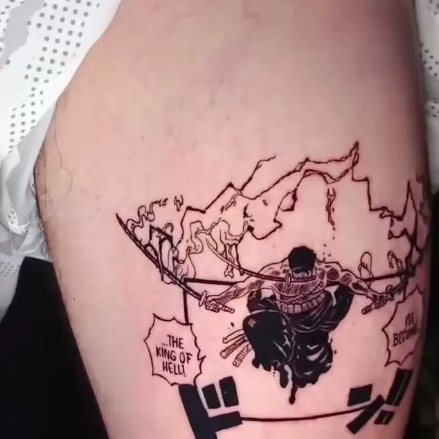 Tatuaje anime de Zoro, de One Piece, con sus tres espadas en el brazo, por Victor Hugo